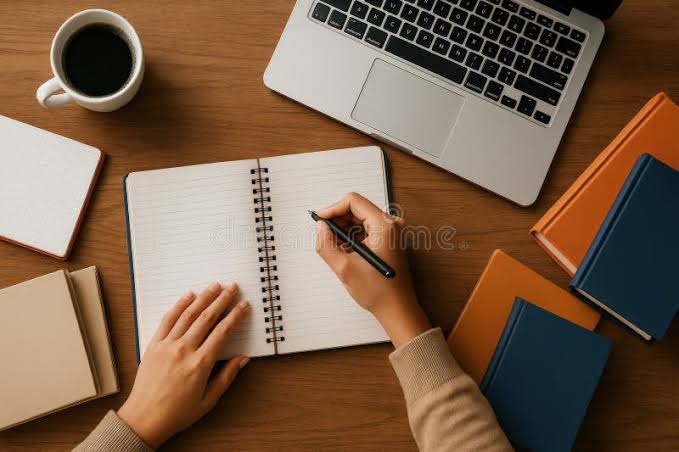 A notebook and laptop at a desk